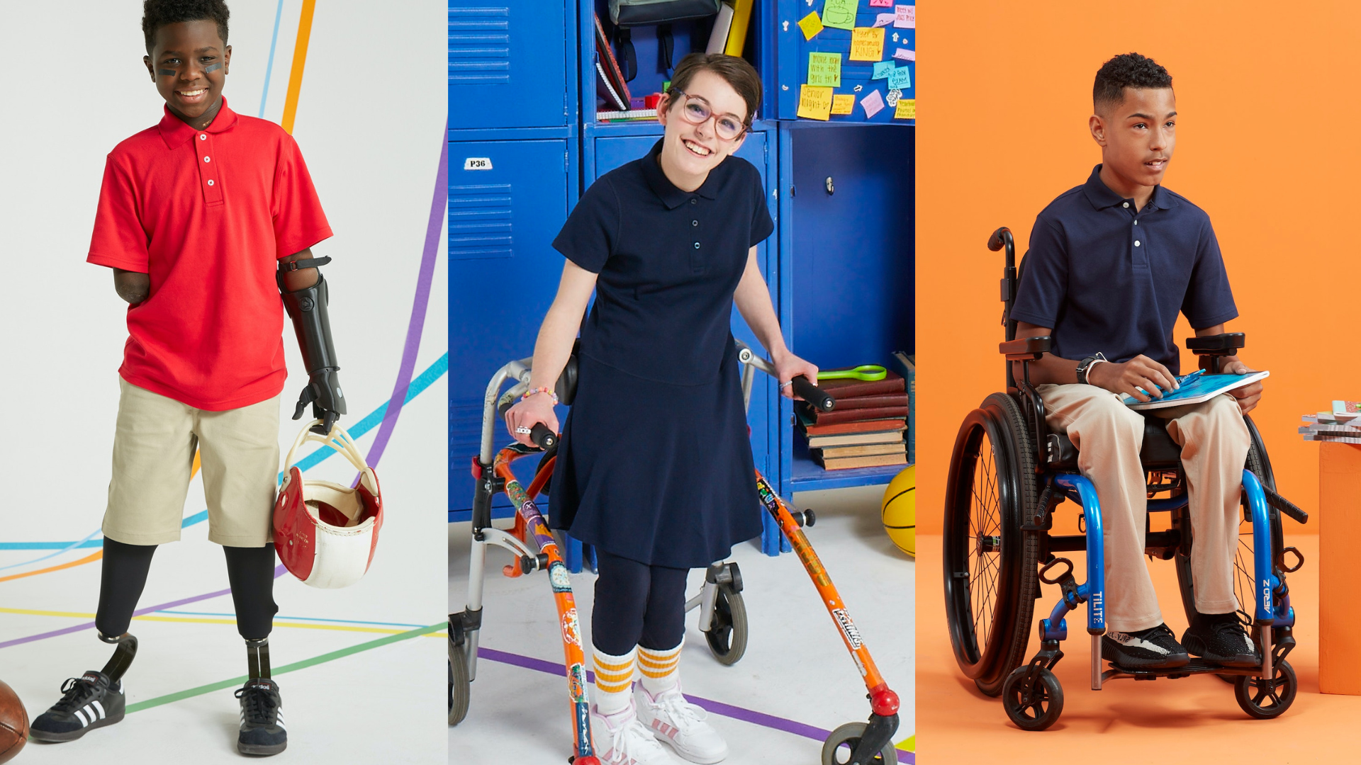 three students wearing adaptive school uniforms