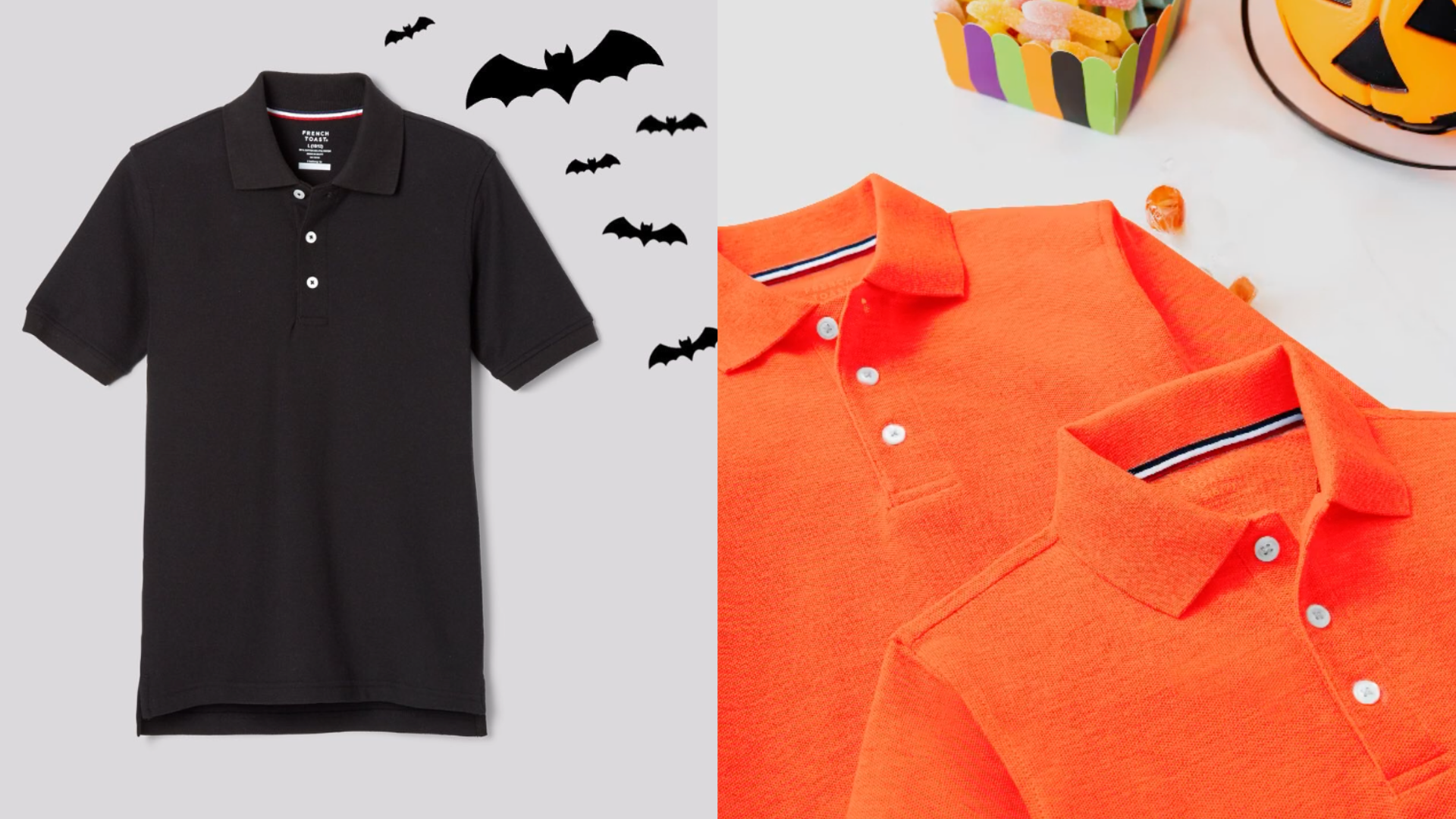 a black polo and an orange polo with bats and pumpkins